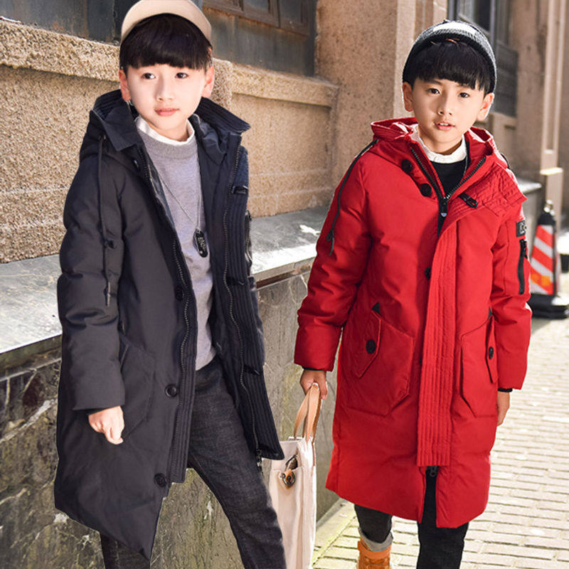 Boys and children's mid-length down jacket thickened red gray black jacket boy big boy hooded cotton-padded jacket clothes winter clothes