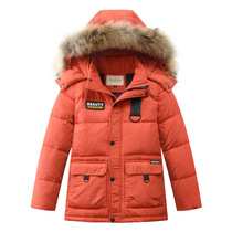 Boys and children long down jacket thickened orange green black blue coat big child hair collar hooded cotton jacket winter