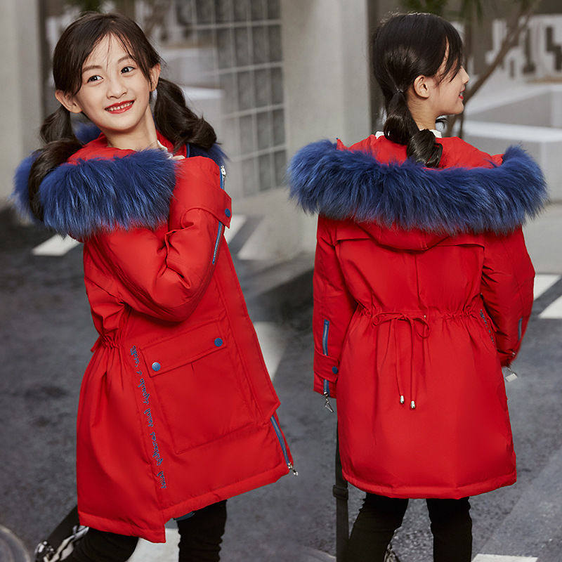 Girls princess mid-length version black, blue, red and white waist down jacket thickened coat big children's fur collar cotton jacket clothes winter - Taobao
