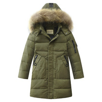 Boys and children long down jacket thickened Orange black blue green coat big child hair collar hooded cotton jacket winter