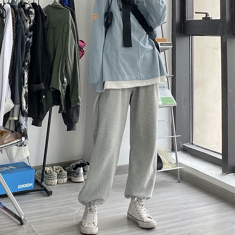 Emctwo Chinese Style Straight-Leg Drawstring Gray Jogger Pants ins Thin Sweatpants Unisex Casual Loose Couple Sports Pants