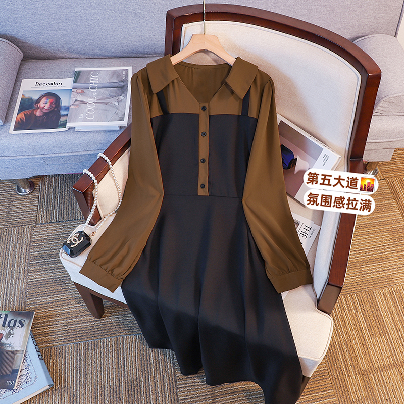 Plus Size Women's Long-Sleeved Spring and Autumn New Style Dress for Chubby Girls, Slimming, Elegant, Tummy-Covering, Fashionable Design, Fake Two-Piece Dress