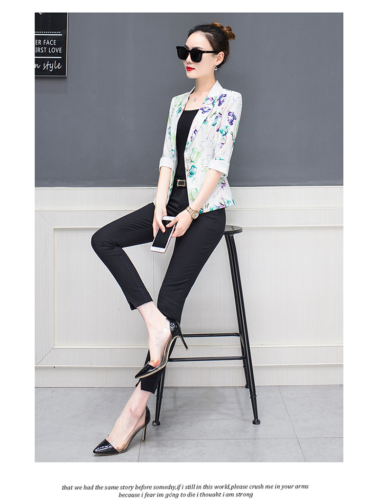 Áo khoác vest mới 2018 xuân hè mới size lớn chất béo mm khí chất bảy điểm tay áo một nút in họa tiết giản dị phù hợp với nữ ao khoac nu