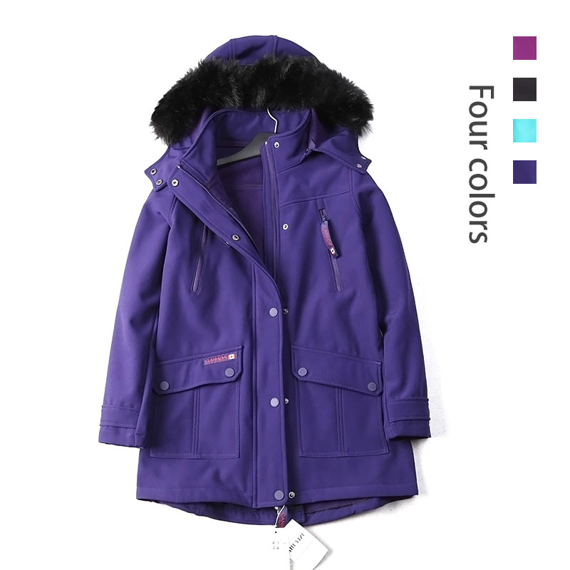 Foreign trade tail single autumn and winter outdoor soft shell coat women's medium length plus velvet windbreaker Large size windproof jacket wool collar fleece coat