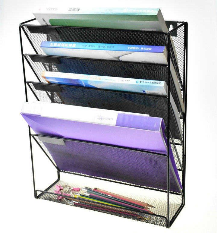 Metal Wrought iron five-layer magazine book rack Hanging wall A4 paper clip box grid storage finishing frame