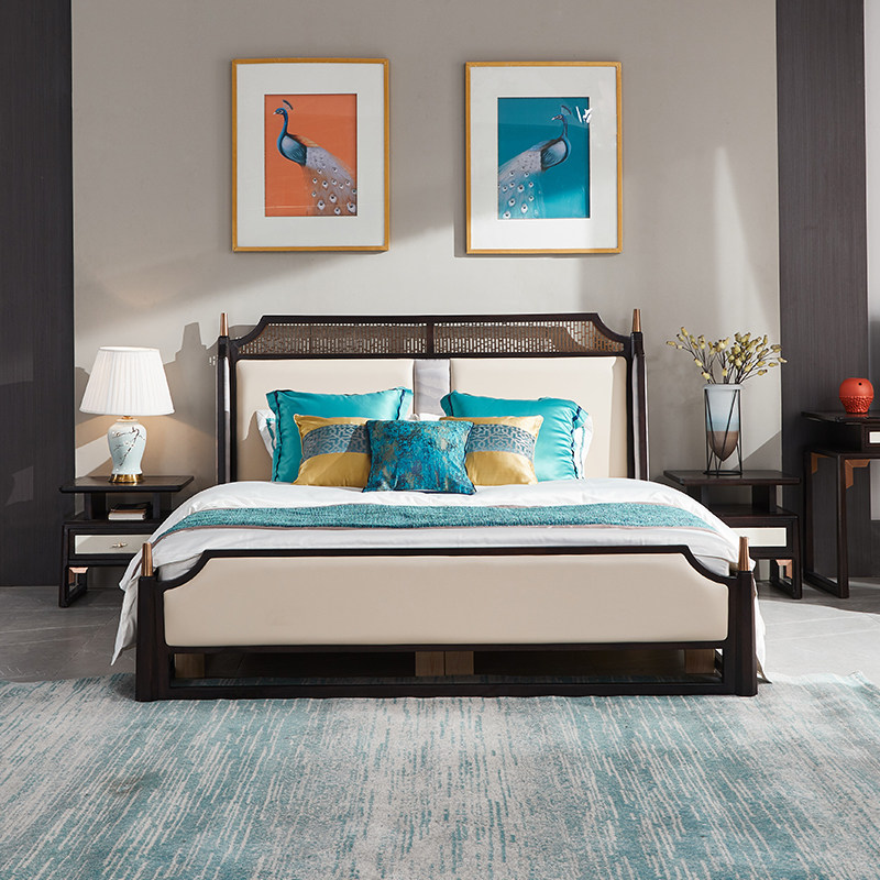 New Chinese light luxury solid wood Zen master bedroom double bed wedding bed queen bed 18 meters villa model room furniture customization