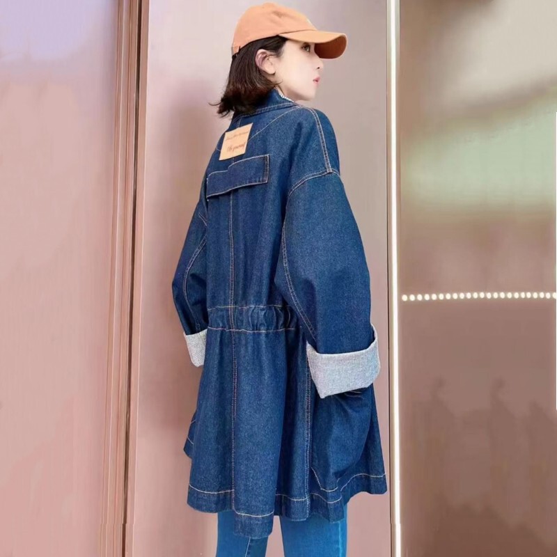 Amash Women's Genuine 2026 Spring and Autumn New Loose Mid-Length Waist-Cinching Trendy Workwear Denim Trench Coat Jacket