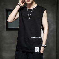 100% cotton summer short sleeve T-shirt mens Tide brand waistless sleeveless sports coat trend cotton loose vest men