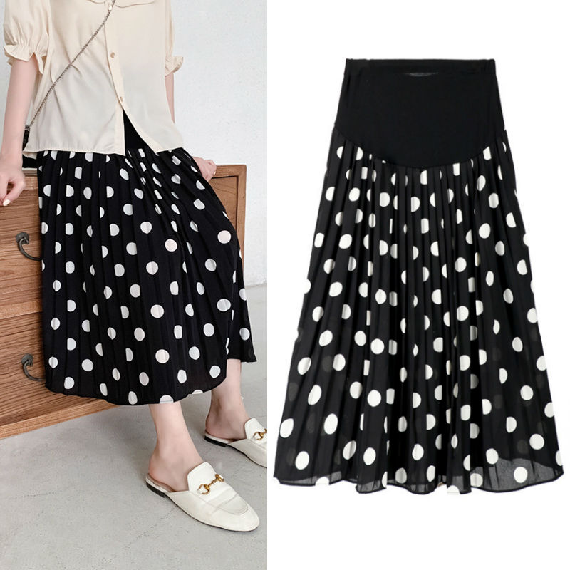 Pregnant women skirt summer thin section mid-length version polka dot chiffon a-line skirt summer fashion belly support pleated skirt summer dress