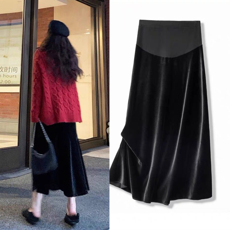 Pregnant women's skirt autumn and winter 2021 new belly support A-line black gold velvet bag hip mid-length version one-step skirt skirt