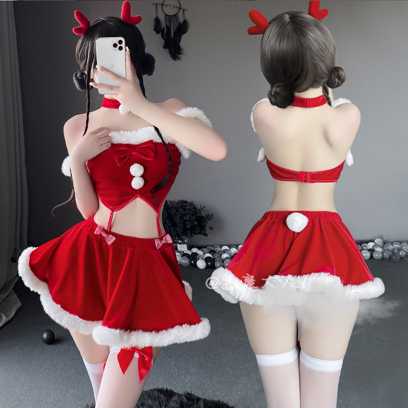 Christmas Bed-Themed Christmas Carnival Night Velvet One-Shoulder Reindeer Outfit Uniform Temptation