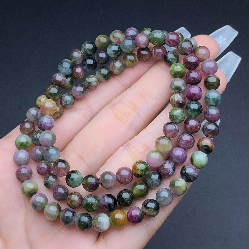 Natural Watermelon Tourmaline Multi-Circle Bracelet for Women, Three-Circle Tourmaline Crystal Bracelet Jewelry Gift, Ethnic Style