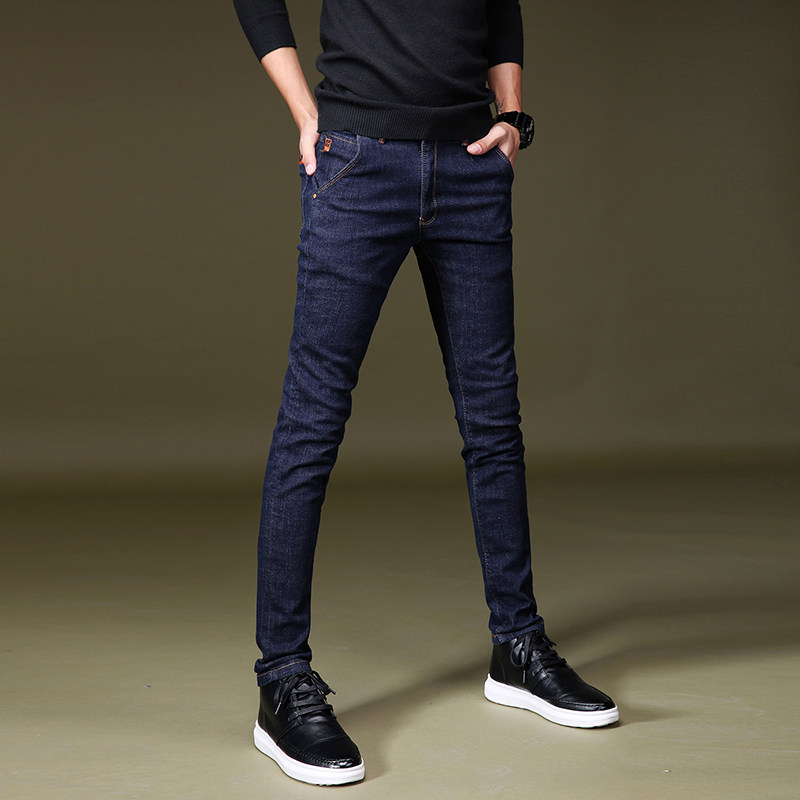 2021 new fall/winter blue jeans men's Korean version slim small leg pants tide brand plus fleece casual stretch pants