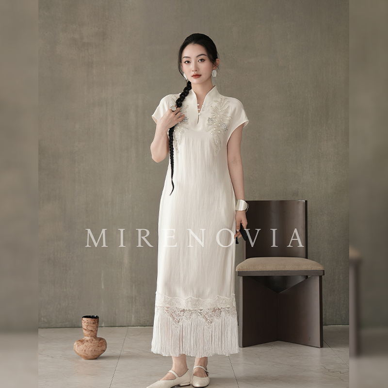 Meiren [Blank Space] Spring/Summer New Style Dress with Heavy Beading Design, Traditional Chinese Style Buttons, Elegant Tassel Hem Dress