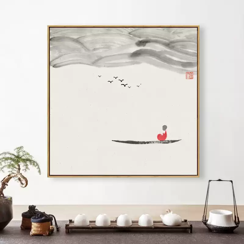 水墨禅意装饰画新中式莲花挂画茶室背景墙饰画凸凹映画三联以上挂画