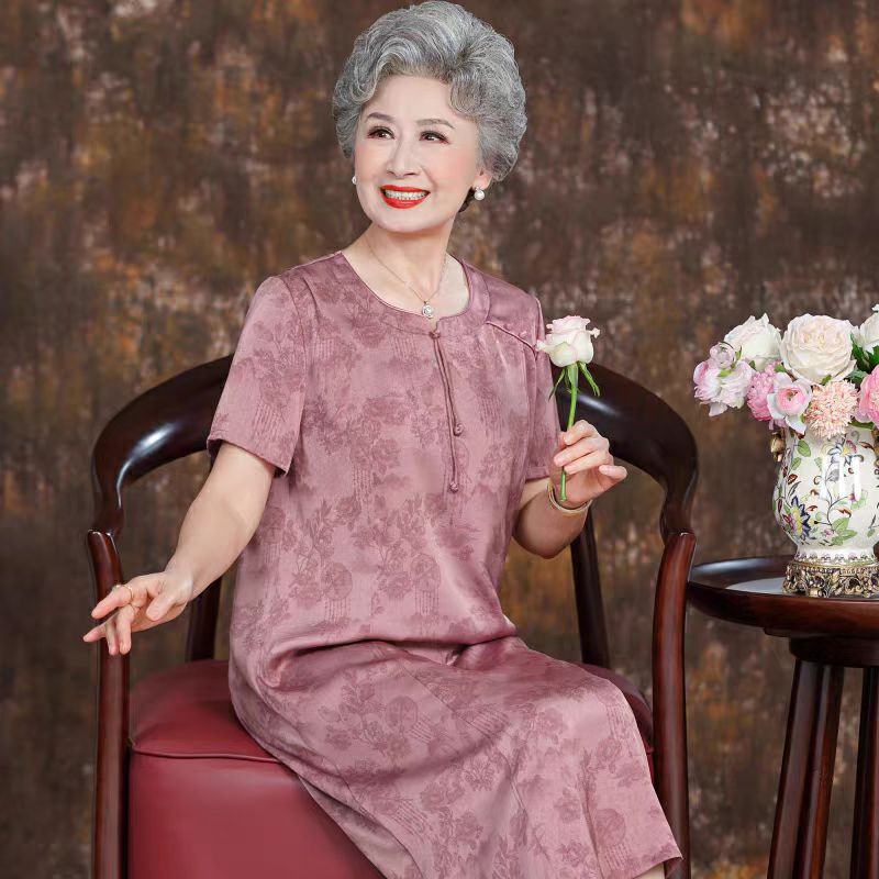Grandma's Summer Dress Xiangyunsha Mid-Length Ice Silk Dress for Elderly Mothers Plus Size 60 and 70 Years Old Women's Skirt