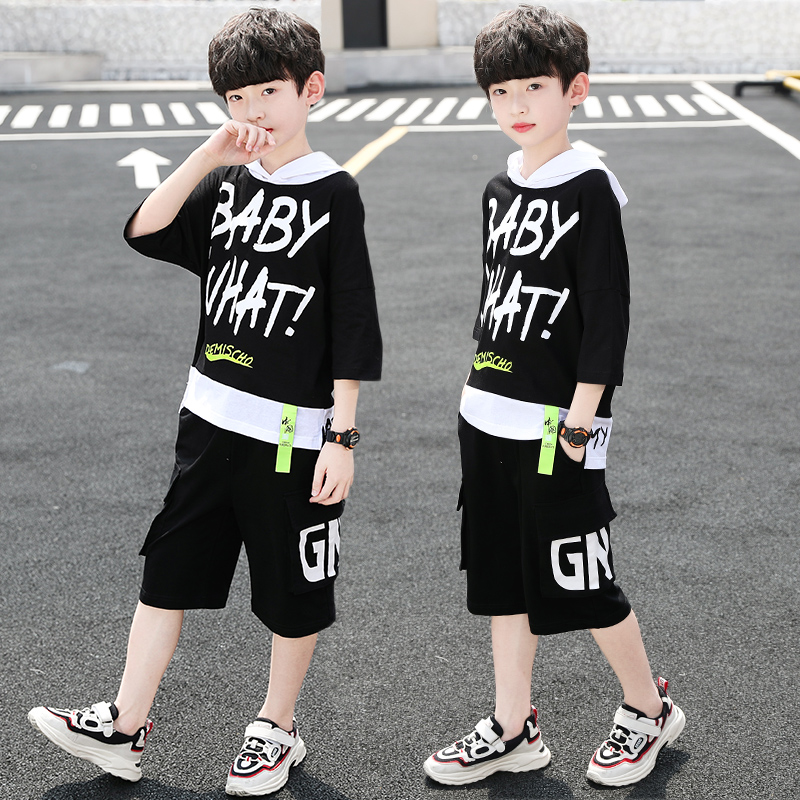 Next Inss Boys Suit 2022 Summer New Korean version of the foreign pie Short sleeves Letter loose clothing Two sets