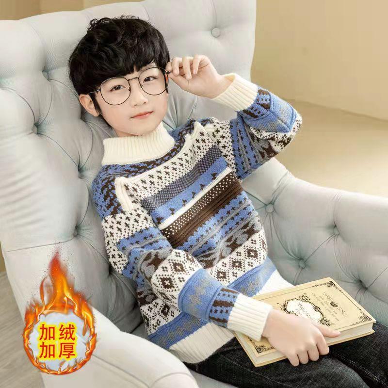 Miki Inss Boys' Sweater Autumn and Winter 2026 New Style Kidsren's Warm Half Turtleneck Fleece-Lined Thickeneded Knitted Sweater Trendy
