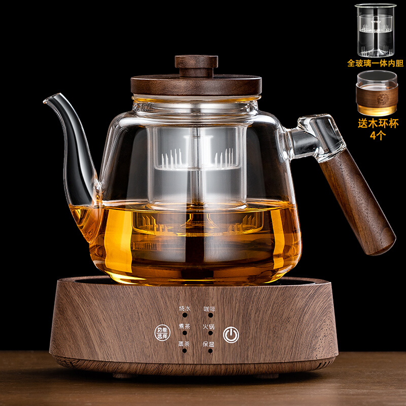 Thickened anti-explosion glass cooking integrated cooking teapot boiling water tea machine Automatic electric pottery stove walnut wood tea set suit-Taobao