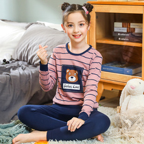 Girl lingerie suit pure cotton little girl full cotton warm pyjamas long sleeve shirt lining pants female big child autumn clothes