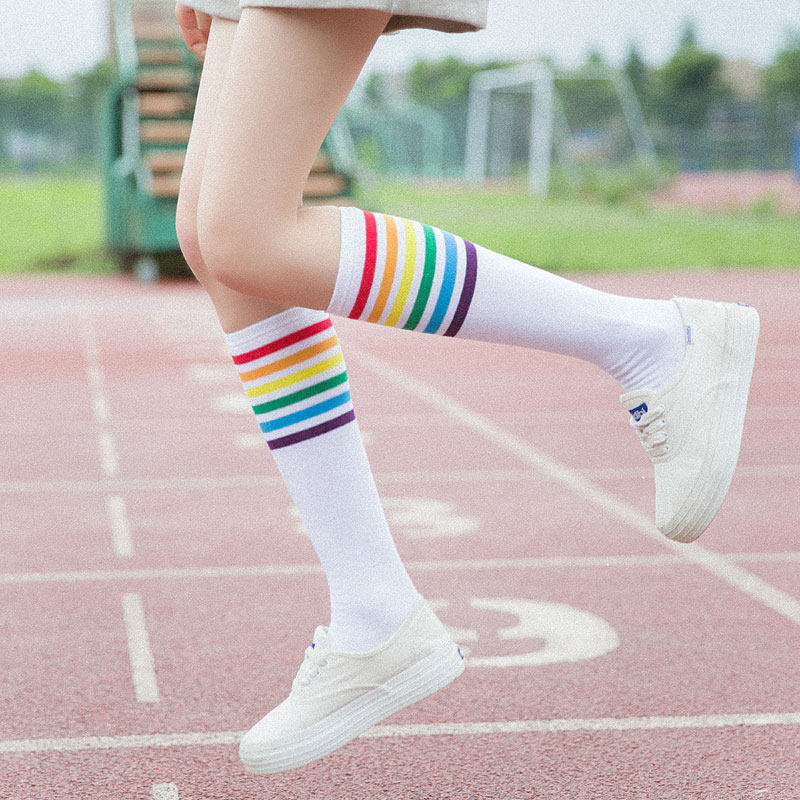 Japanese Sky Socks Woman Cotton Reactor College Wind Knife Socks Rainbow Movement Strip Korea and Knee Socks