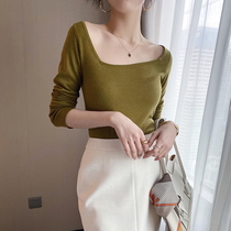  Aunt Cui customized 48 sheep wool irregular collar long-sleeved knitted bottoming shirt womens spring thin slim-fit top