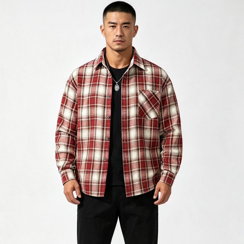 Uagymboy【Classic Plaid】American Retro Crisp Slightly Stretchy Long-Sleeve Shirt Melard Shirt