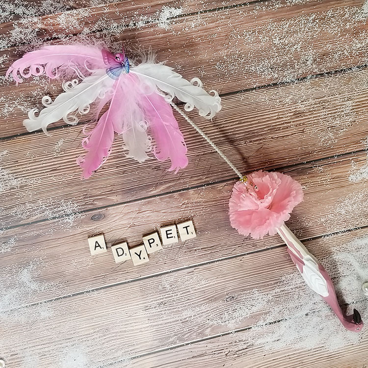 Handmade funny cat stick fairy beauty pink crane firebird wood carving handle butterfly feather bell cat toy