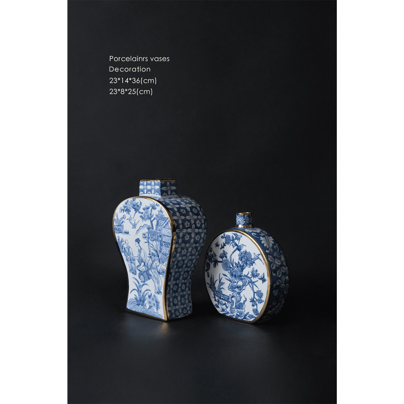 Ruonai Home Furnishing Oriental Paris Blue and White Porcelain Grisaille New Chinese Style Ink Painting Gold Color Porcelain Vase Ornament