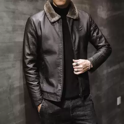 Leather men's leather wool collar Haining plus velvet casual sheepskin jacket jacket slim-fit handsome lapel fur all-in-one