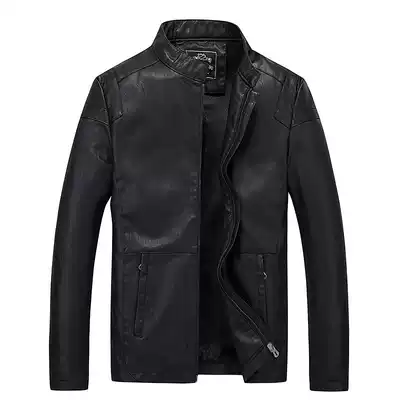 Leather men's stand collar Korean version of handsome slim machine jacket young and middle-aged casual leather jacket plus velvet spring and autumn
