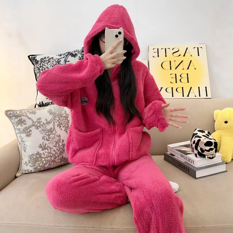 New Winter Women's Pajamas, Fleece-Lined, Thickened, Warm, Comfortable Set, Hooded, Korean Style, Coral Fleece Loungewear