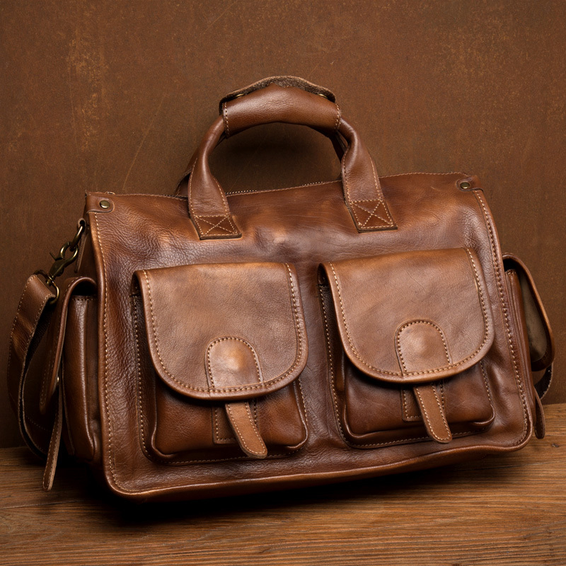 Slow Time Pure Handmade Color-Washed Handbag, First-Layer Vegetable-Tanned Cowhide Shoulder Bag, Men's Bag, Genuine Leather Travel Bag, Computer Bag