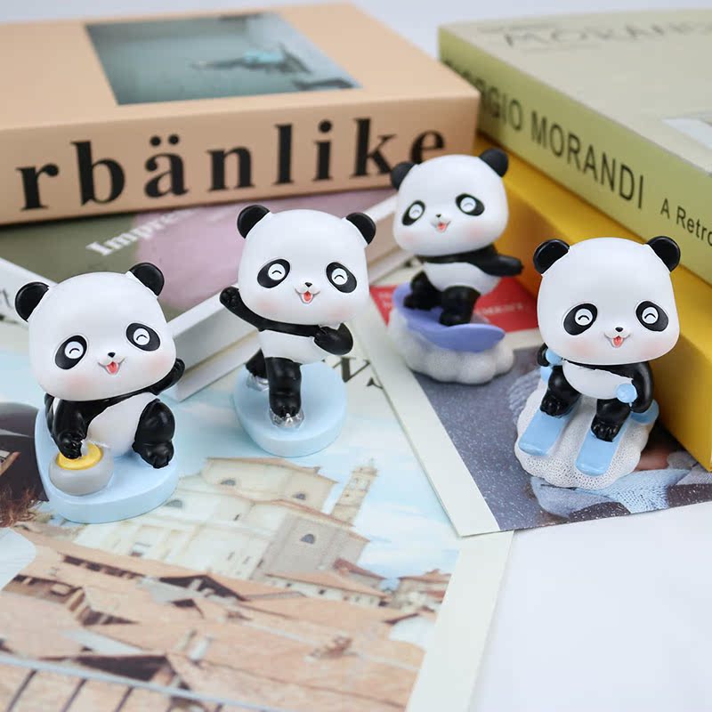 Sports Panda Squatting Mini small swing piece resin Handicraft Cute Ensemble Cartoon Car On-board Tabletop Decorations