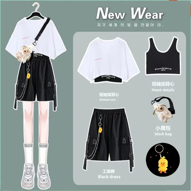 Workwear-Style Five-Point Shorts Women's Set Summer New Korean Version Super Cool and Handsome Loose Versatile Hip-Hop Shorts Trendy