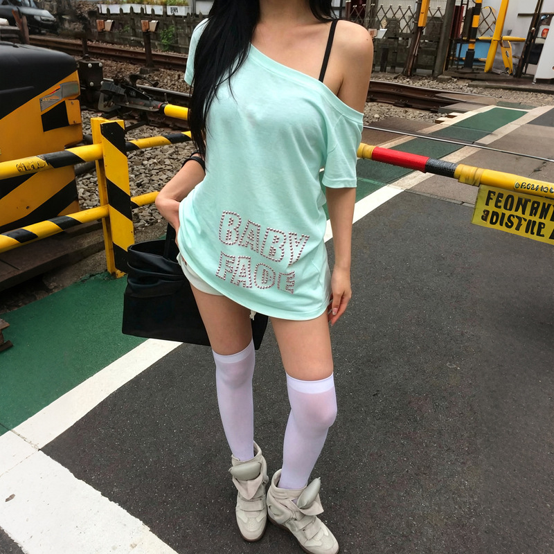2026 Cross-Border European and American Style Ebay Summer New Women's Street Fashion Diagonal Collar Short-Sleeve Letter Rhinestone T-Shirt for Women
