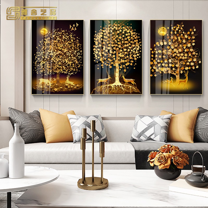 New Chinese-style living room decorative painting porch entrance decoration painting crystal porcelain atmosphere rich deer sofa background wall mural