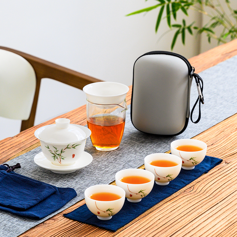 Dehua White Porcelain Gaiwan Travel Tea Set, Small Household Set, Simple with Bowl Holder and Tea Strainer, Portable Quick Tea Cup
