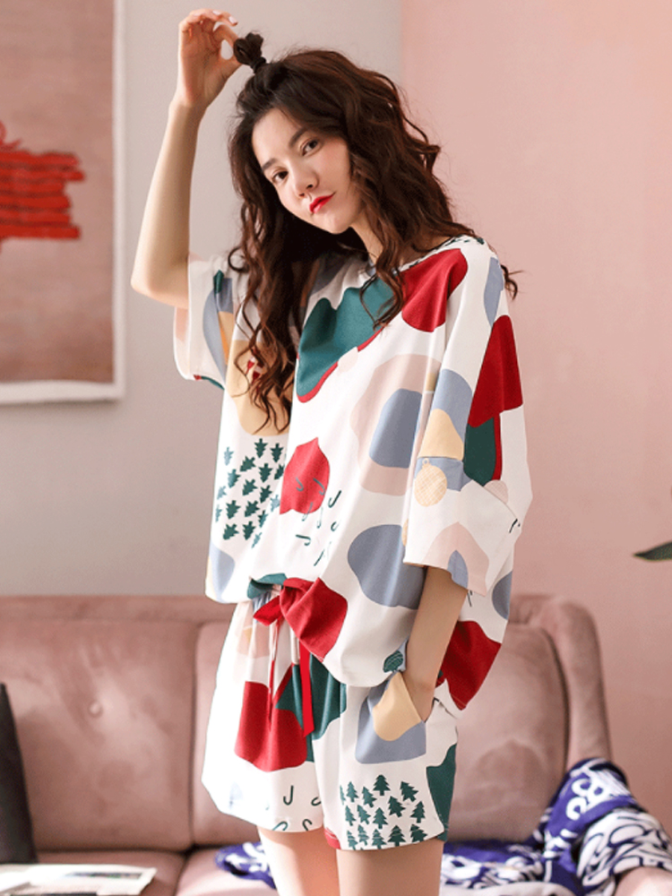 Printing and dyeing casual style ~ Feihan good goods summer pajamas ladies cotton short-sleeved shorts thin homewear suit