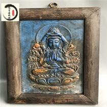 Thousand hands Guanyin turquoise porcelain plate hanging painting antiques old jade carving mural solid wood frame decorative screen