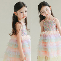 Childrens dopamine summer high-end rainbow suspender skirt girls sequin cake dress princess skirt mesh skirt