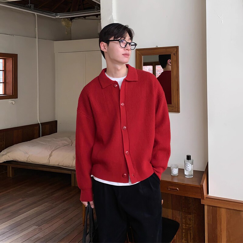 Bright Red Sweater Knit Cardigan for Men, Spring and Autumn, High-End Korean Style Trendy Lapel Sweater Jacket for the Year of Birth