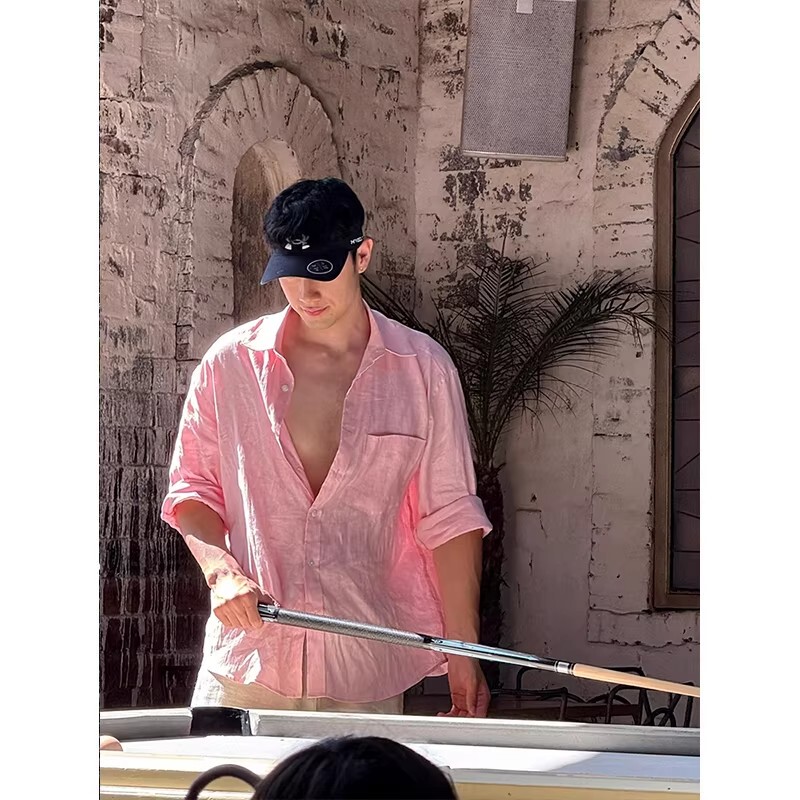 Pink Cotton Linen Long-Sleeved Shirt for Men, Summer Lightweight, Breathable, High-End, Loose, Casual, Sun Protection Shirt Jacket