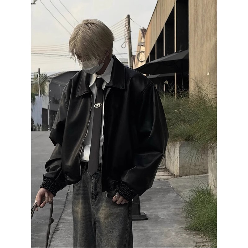 Cleanfit Black Leather Jacket for Men, Autumn and Winter, Cool and Stylish, High-End Trendy Brand, Short Pu Leather Shoulder-Padded Jacket Top