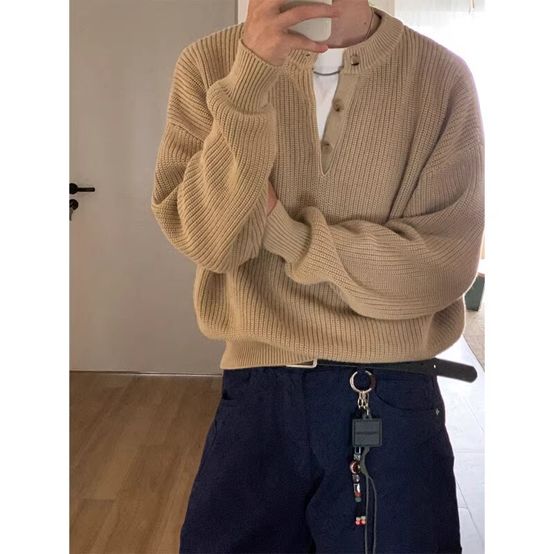 Old Money Style Henry Collar Sweater for Men, Winter Cleanfit High-End Vintage Polo Knitwear, Casual Base Shirt