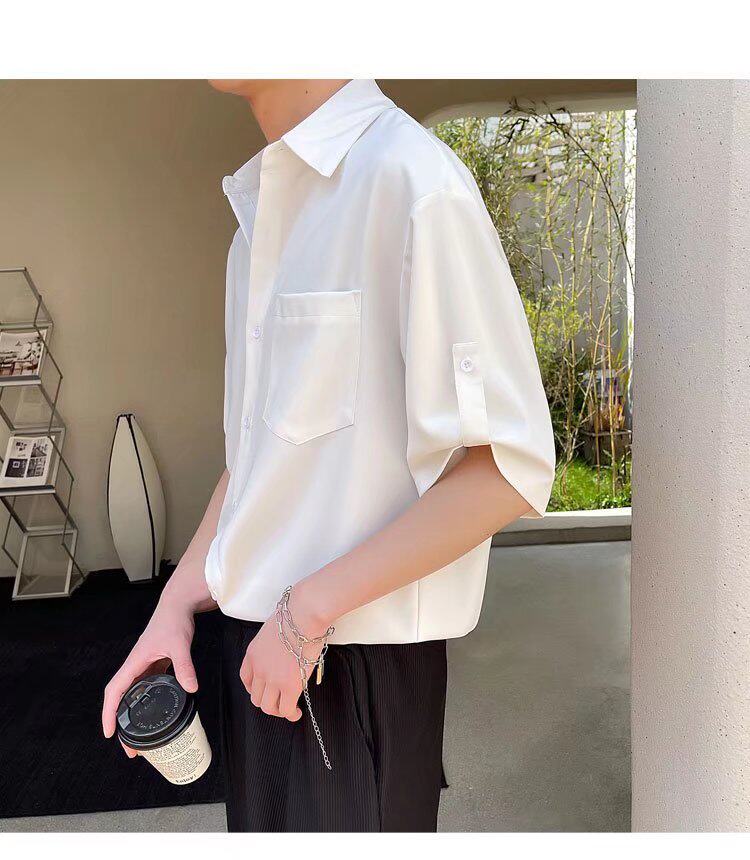 A light-mature and stylish men's short-sleeved Korean style trendy Instagram three-quarter sleeve shirt, a loose and high-end summer top pic 15