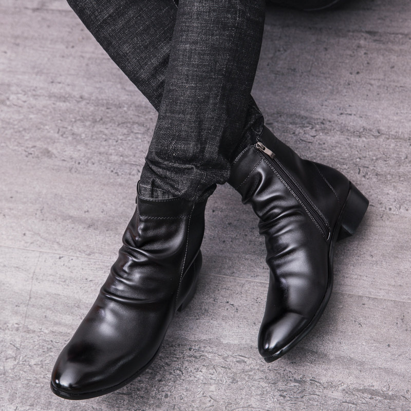 Martin Boots Male High Cylinder Leather Shoes Mid tube heightening Inlenty wind Chelsea boots Men's boot Pointed Black Short Boots