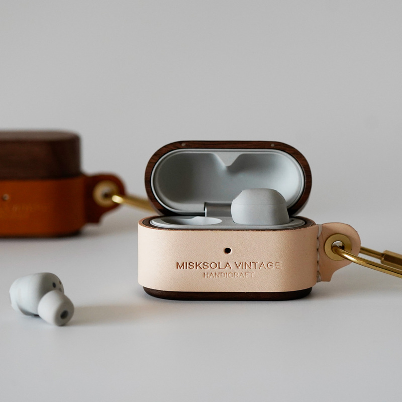 Misksola Retro Handmade Genuine Leather Solid Wood Earphone Case Protective Cover Wf-1000Xm6 Sony Accessible Luxury Earphone Storage Bag Wooden Stylish Simple Earphone Accessories Wireless Bluetooth Earphone Case