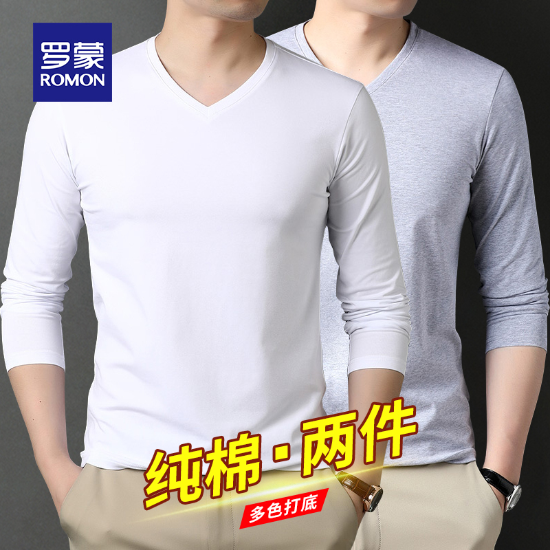 Romon Men's Long-Sleeved T-Shirt Spring, Autumn and Winter Young and Middle-Aged Pure Cotton Sweetheart V Neck Bottoming Shirt White Men's Top Romon Men's Long-Sleeved T-Shirt Spring, Autumn and Winter Young and Middle-Aged Pure Cotton Sweetheart V Neck Bottoming Shirt White Men's Top