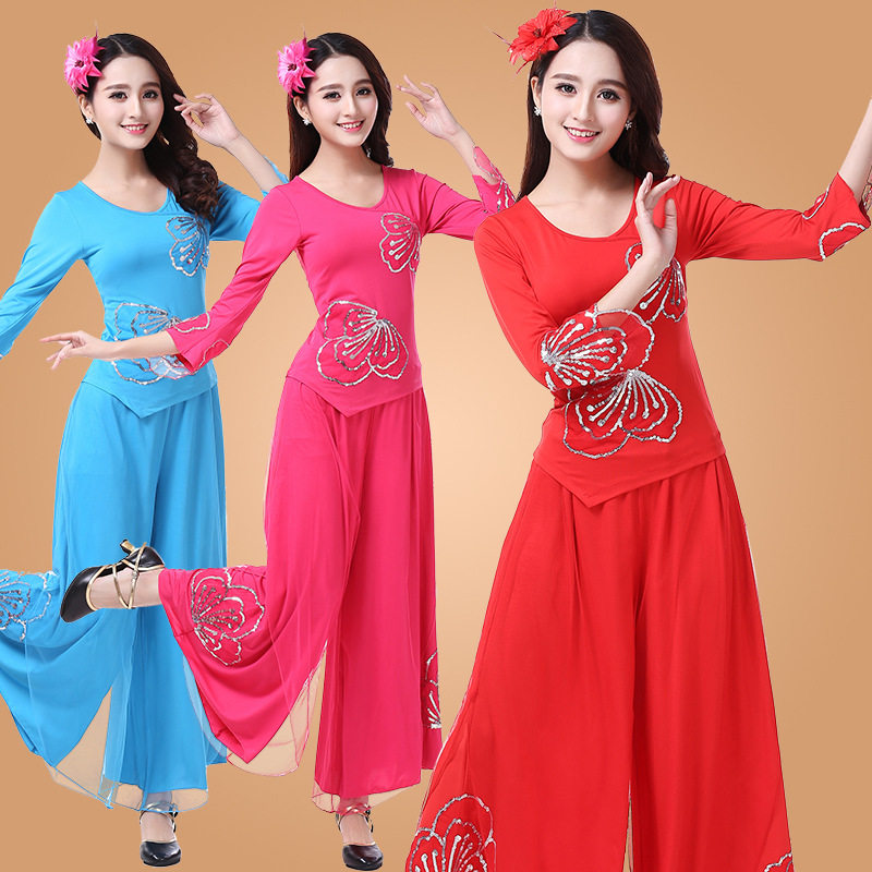 2020 spring and autumn square dance suit new suit female middle-aged and elderly wide-leg pants dance suit plus size elastic costume